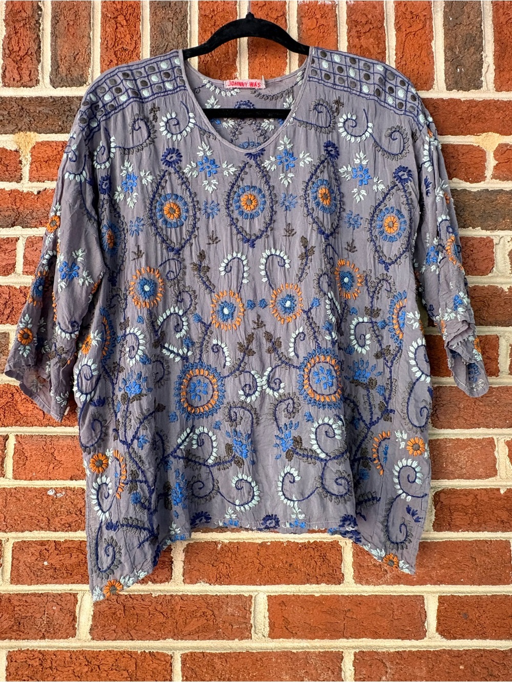 Johnny Was “Harper” Embroidered Floral V-Neck Tunic with Blue & Orange Accents